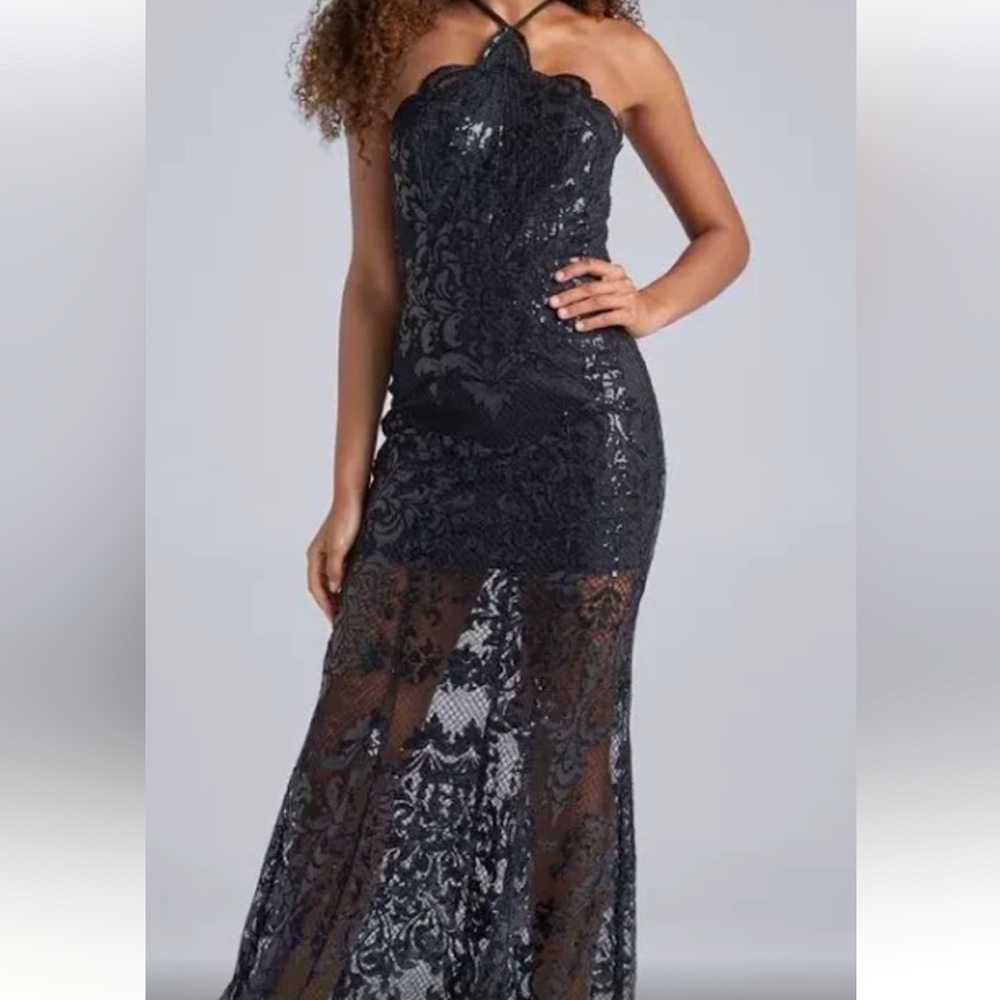 Sexy Black sequin dramatic sheer pattern black tie special occasion prom sz Med